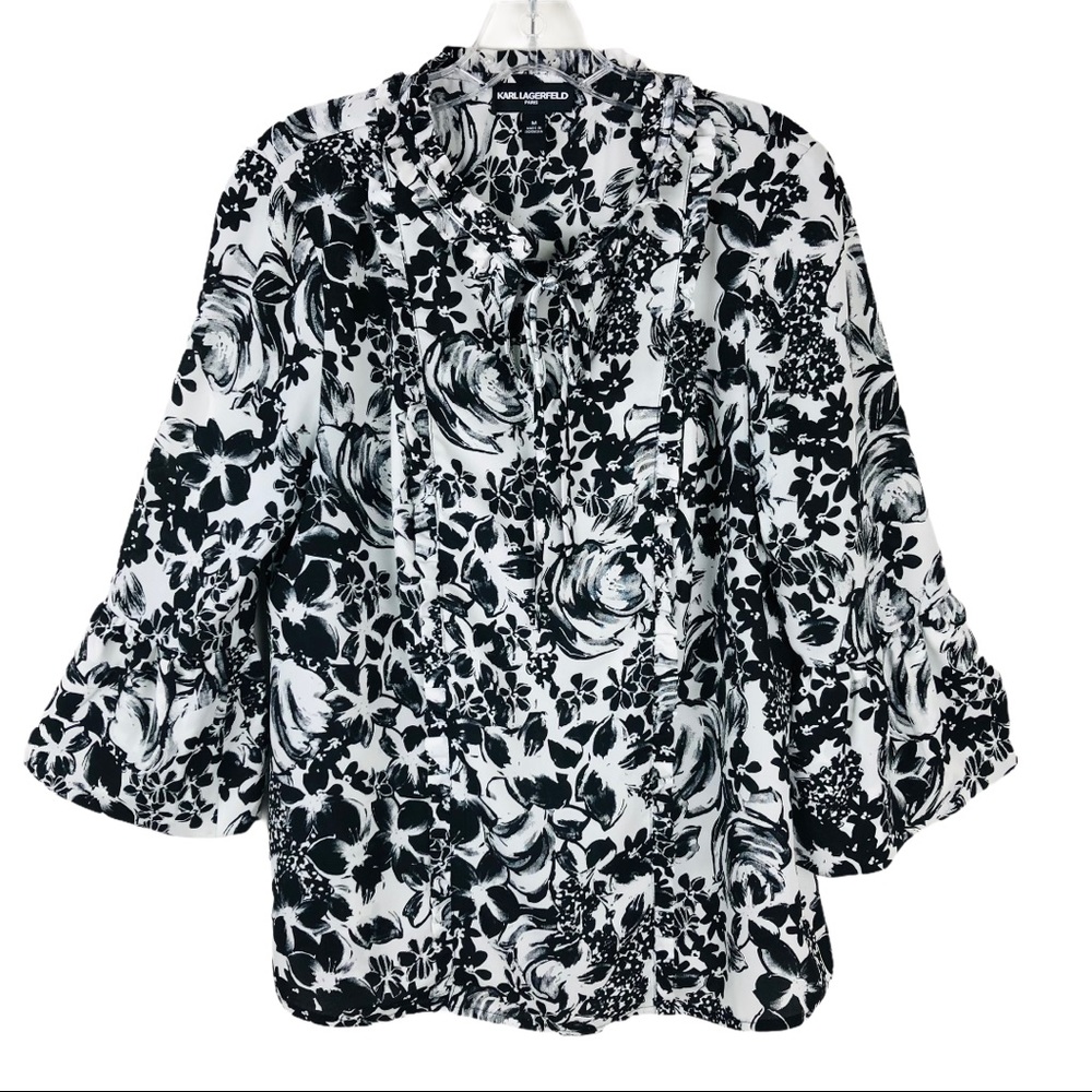 Karl Lagerfeld black white rose floral ruffle top